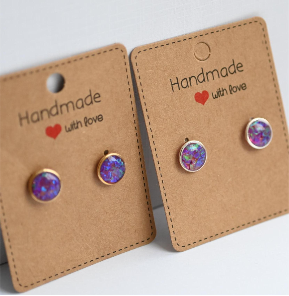 Crushed opals memorial stud earrings in sterling silver & gold-filled, handcrafted in the UK to hold ashes, hair, or sentimental keepsakes.