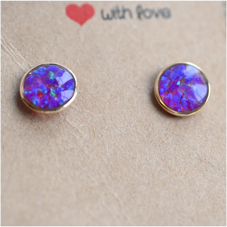 Close-up of crushed opals memorial stud earrings in sterling silver & gold-filled, custom-made to preserve ashes or hair as a heartfelt UK keepsake.