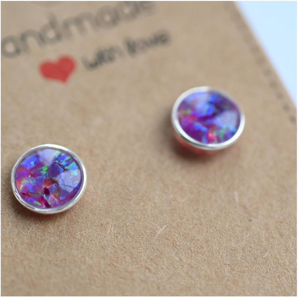 Handcrafted memorial stud earrings with crushed opals in sterling silver & gold-filled, designed in the UK to hold ashes, hair, or cherished memories.
