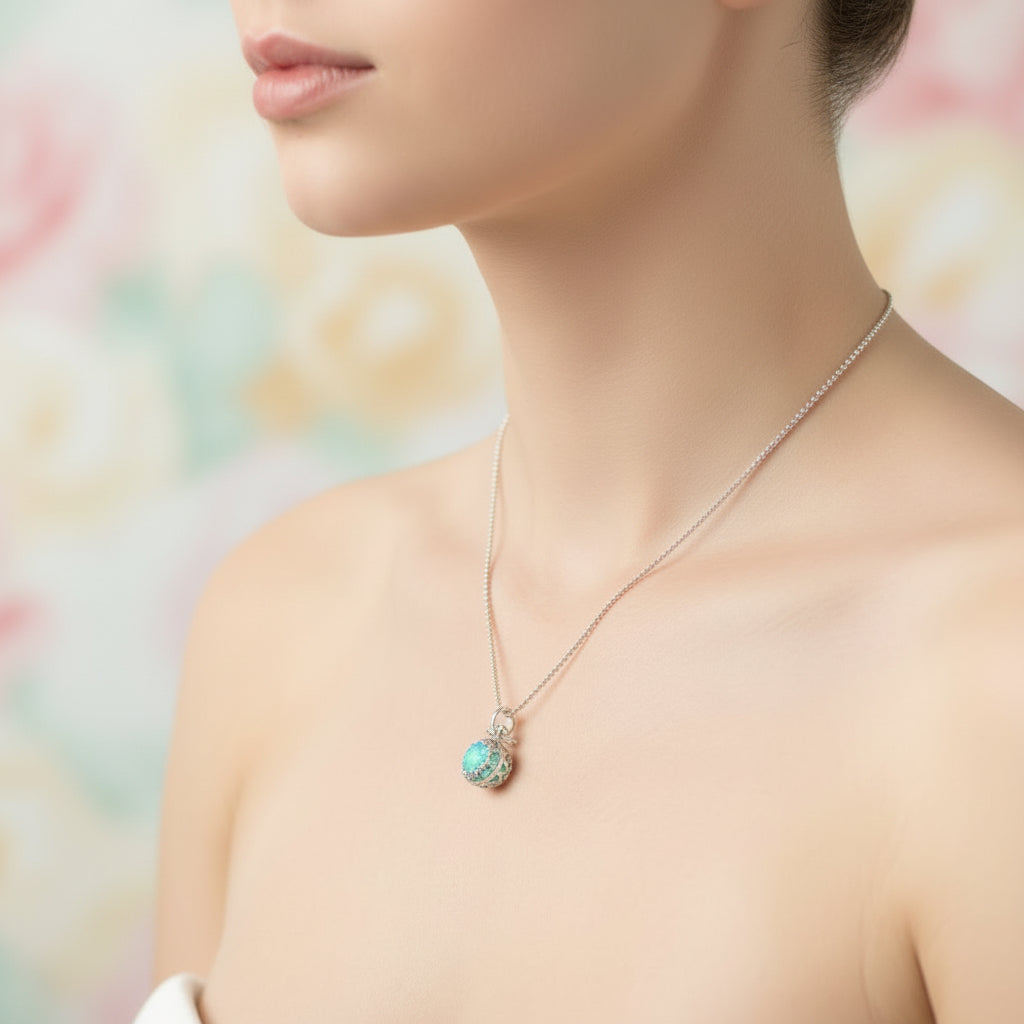 Close-up of a sterling silver 8mm ball necklace with ashes and opal flakes, set on an 18-inch chain, designed as a memorial keepsake.