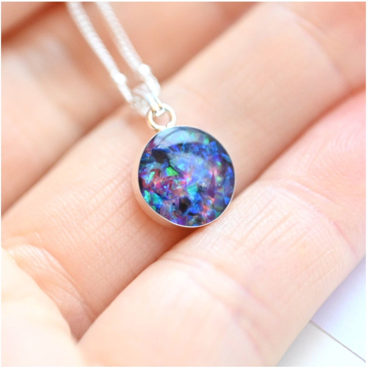 Sterling Silver Circle Pendant with Ashes & Opal Flakes – A personalised memorial necklace with a 10mm or 12mm circle pendant, containing ashes, hair, or opal flakes for remembrance.
