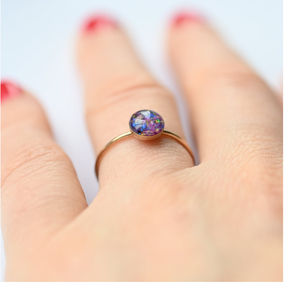 Elegant gold-filled stacking ring (6mm) with opal flakes, offering a unique sparkle, designed and handcrafted in the UK.