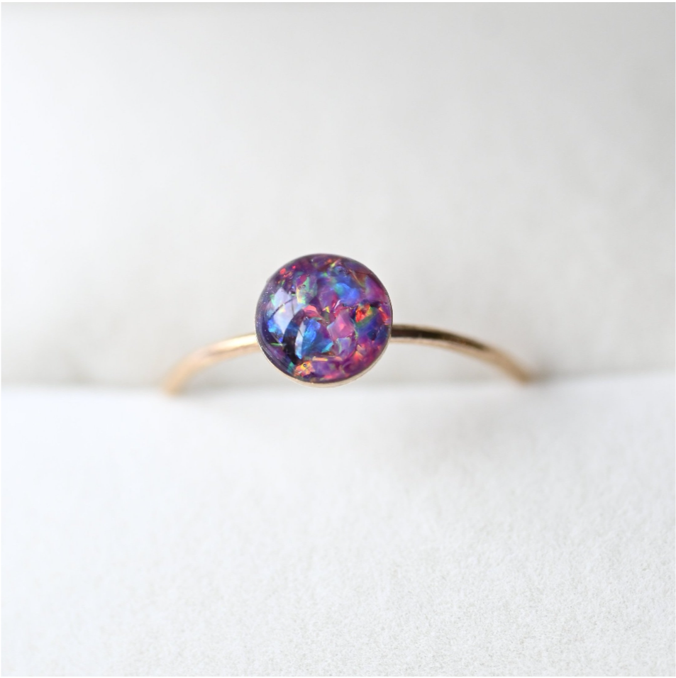 UK-made 6mm gold-filled stacking ring with opal flakes, perfect as a standalone piece or for stacking with other rings.
