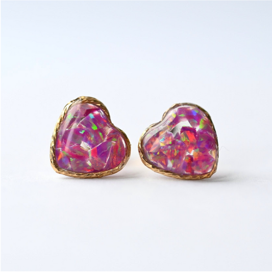 Gold-filled 10mm heart sparkle earrings with crushed opals, handcrafted in the UK as a meaningful memorial jewellery piece
