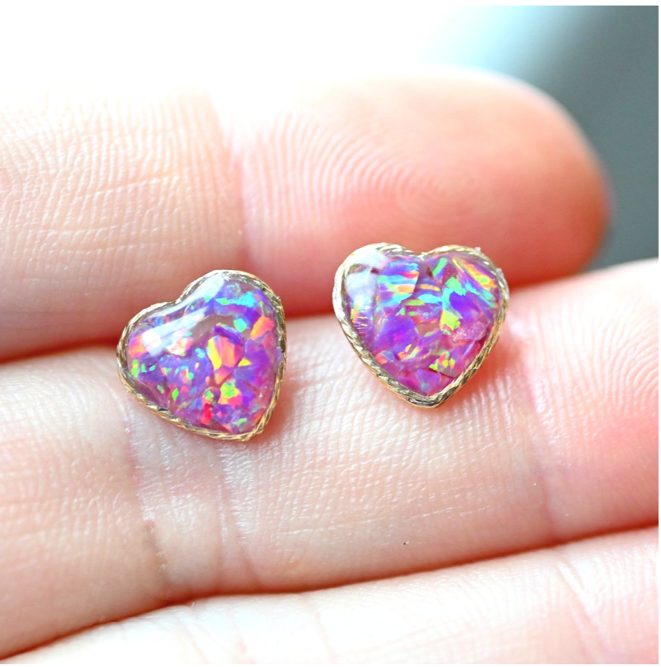 Handmade in the UK, these 10mm gold-filled heart memorial earrings with crushed opals offer a timeless tribute to cherished memories.
