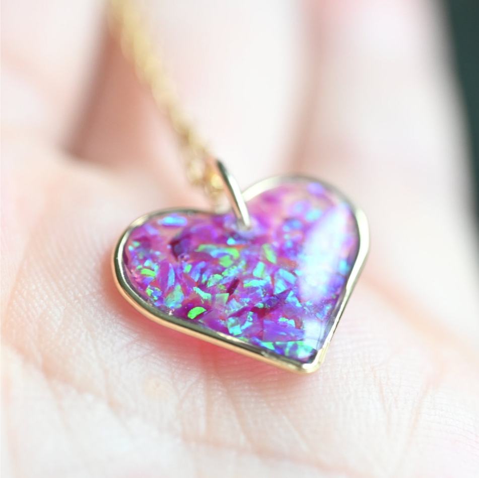 Gold-filled heart memorial necklace (17.5mm) with opal flakes, preserving ashes or hair in a beautiful keepsake, handcrafted in the UK.