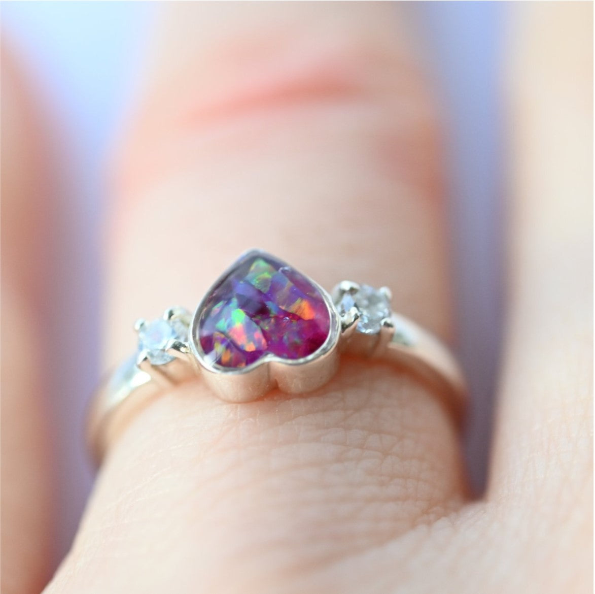 Sterling silver heart double gem memorial ring with ashes, perfect for preserving cherished memories in a sentimental and elegant design.