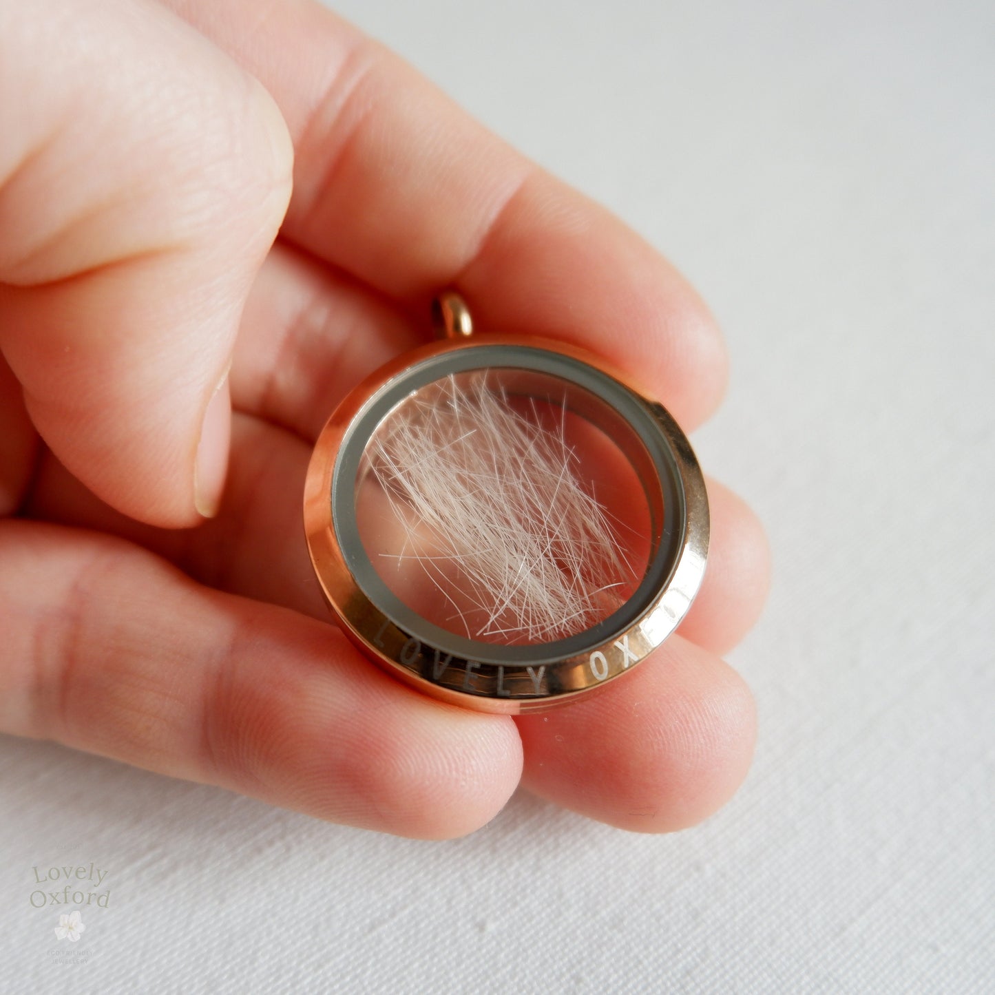 Custom Pet Fur Memorial Locket with Hair Keepsake – A glass locket containing a lock of pet fur or horse hair, designed as a memorial necklace to preserve memories.