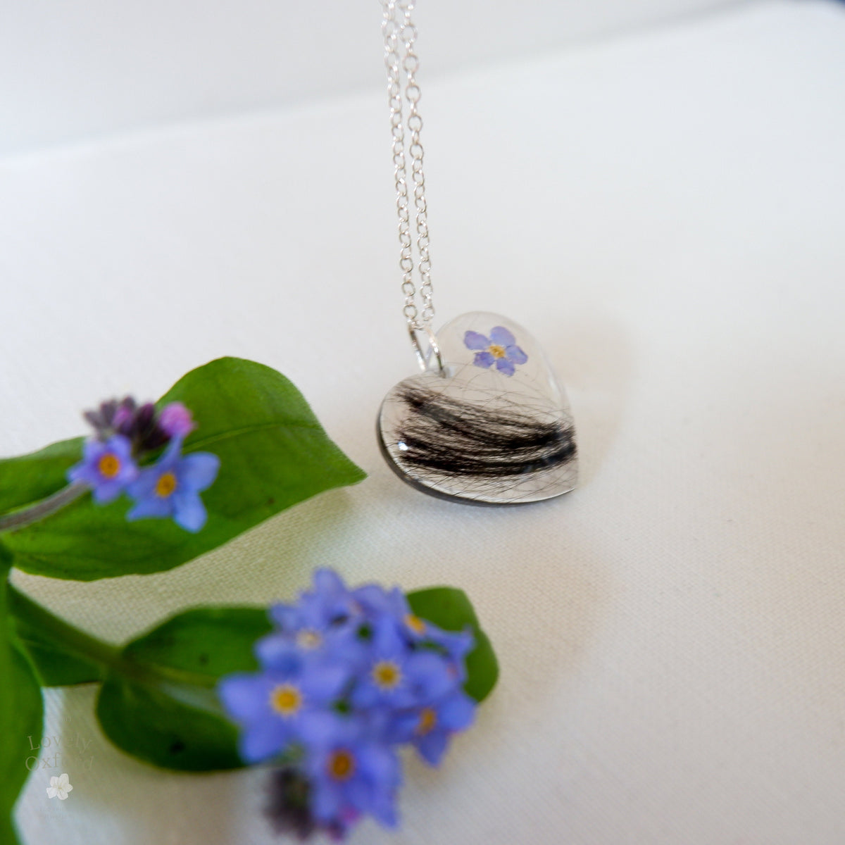 Pet Fur Memorial Locket with Forget-Me-Not Flower - Heart Keepsake Necklace - Horse Hair Jewellery UK