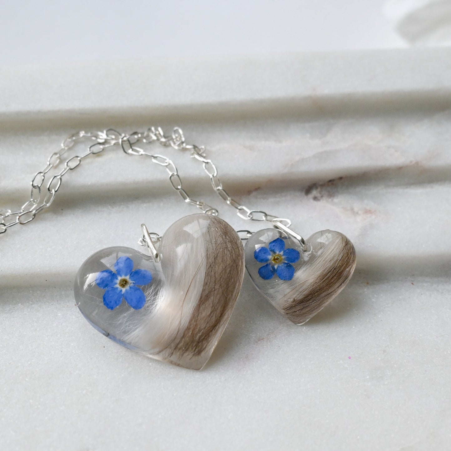 Pet Fur Necklace Set: Small & Big Heart Pendants (18mm and 24mm) | Memory necklace with forget-me-not flower | Fur keepsake set with resin