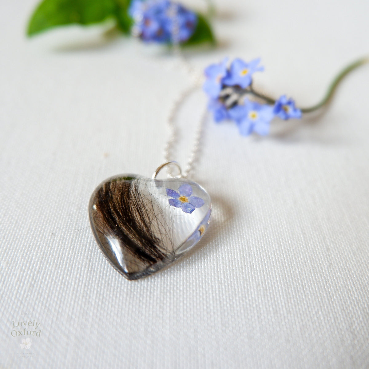 Pet Fur Memorial Locket with Forget-Me-Not Flower - Heart Keepsake Necklace - Horse Hair Jewellery UK