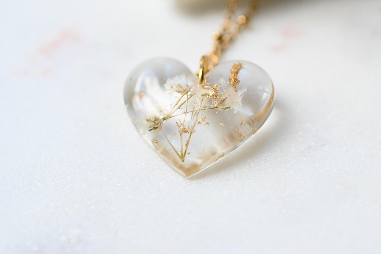 Resin Heart Pendant with Baby's Breath & Gold, Silver, or Rose Gold Flakes – Stainless Steel Chain, Handmade Jewellery, Perfect Gift for Her