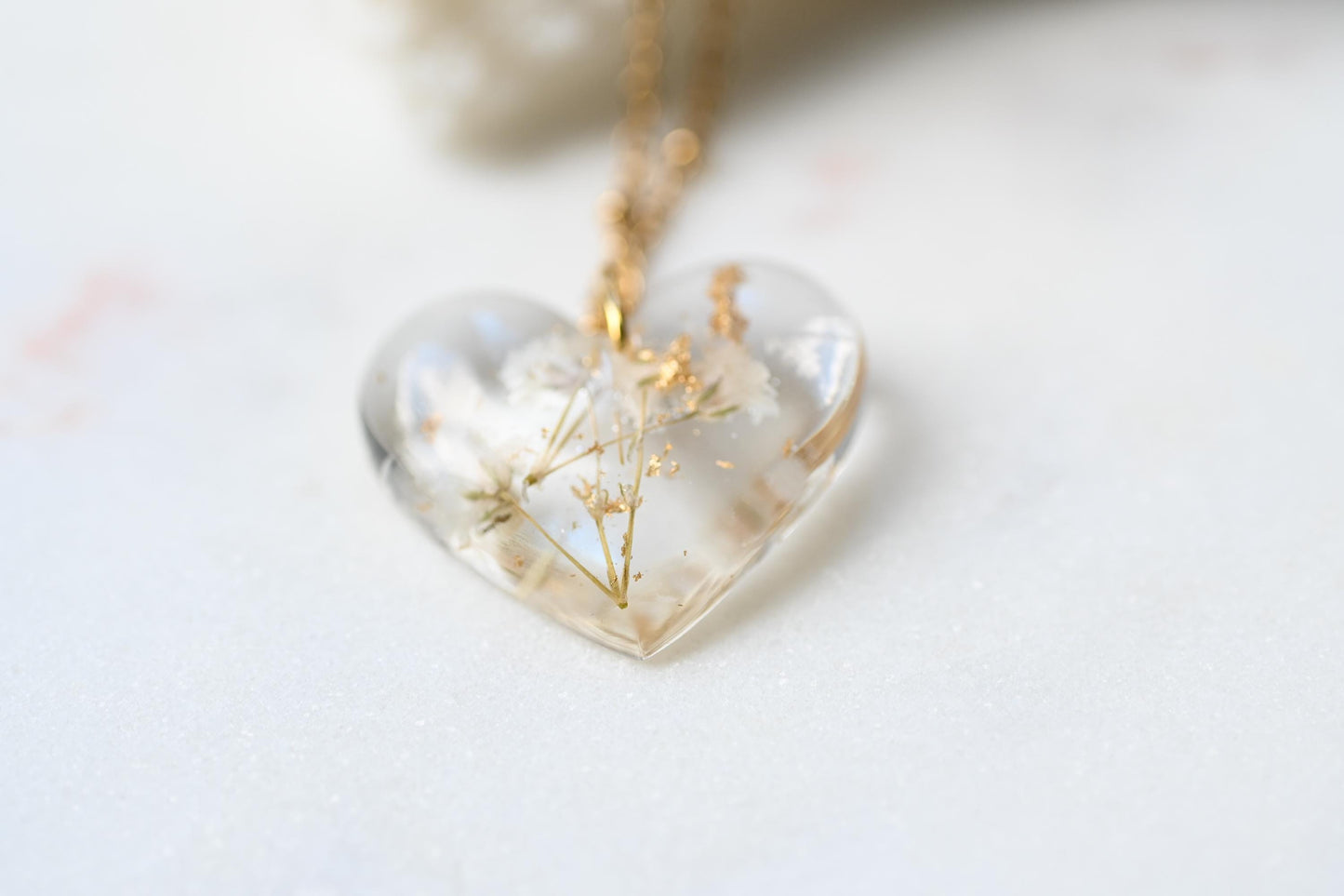 Resin Heart Pendant with Baby's Breath & Gold, Silver, or Rose Gold Flakes – Stainless Steel Chain, Handmade Jewellery, Perfect Gift for Her