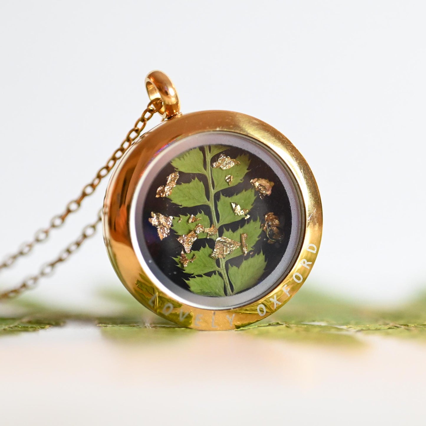 Fern Glass Locket Necklace with Black Background – Nature-Inspired Jewellery