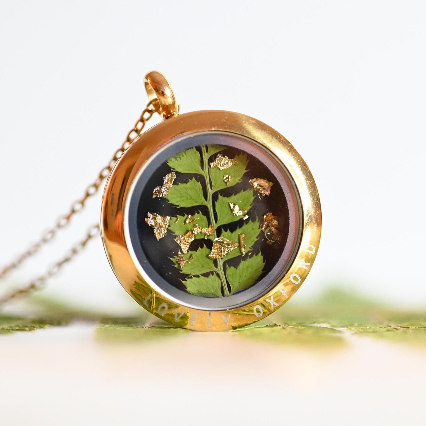 Fern Glass Locket Necklace with Black Background – Nature-Inspired Jewellery