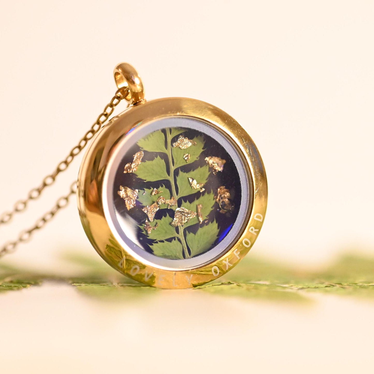Fern Glass Locket Necklace with Black Background – Nature-Inspired Jewellery