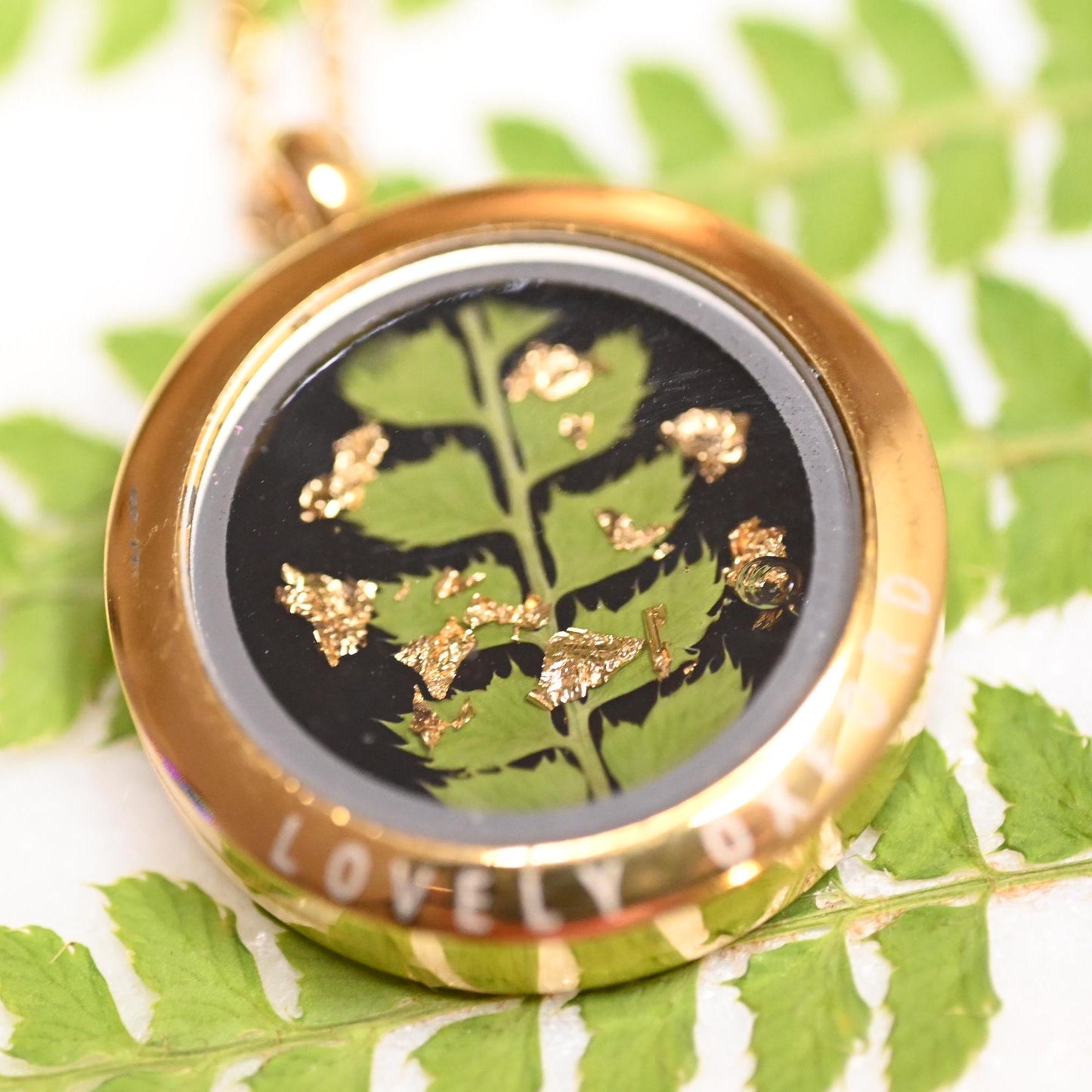 Fern Glass Locket Necklace with Black Background – Nature-Inspired Jewellery