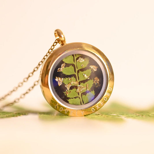 Fern Glass Locket Necklace with Black Background – Nature-Inspired Jewellery