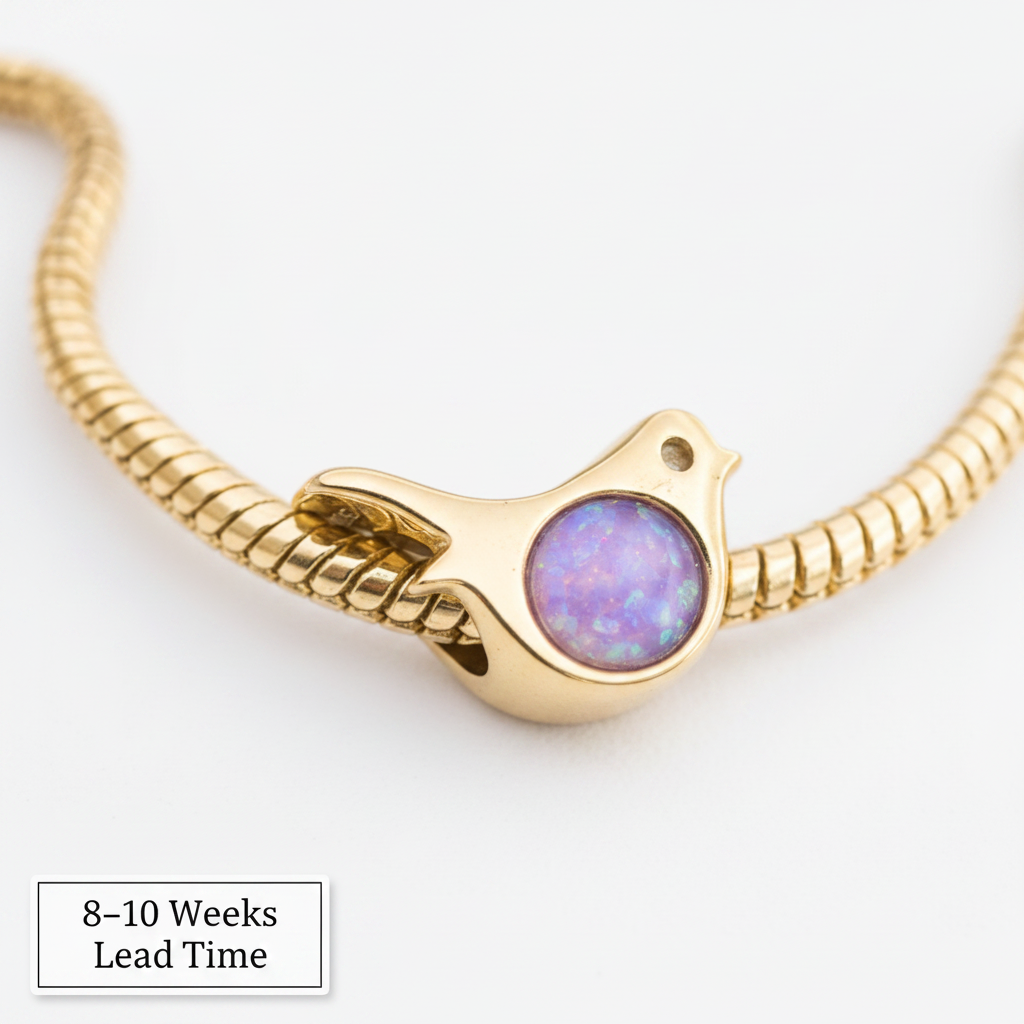 9ct Gold Robin Bead Charm — lavender opal resin, white background