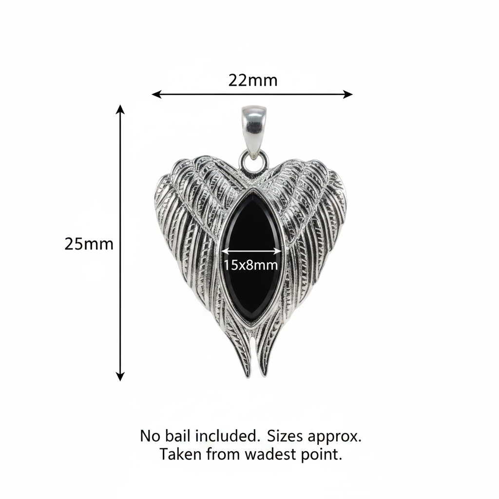 Silver 925 angel wings memorial pendant dimensions guide — 25x22mm overall, 15x8mm marquise setting, no bail included