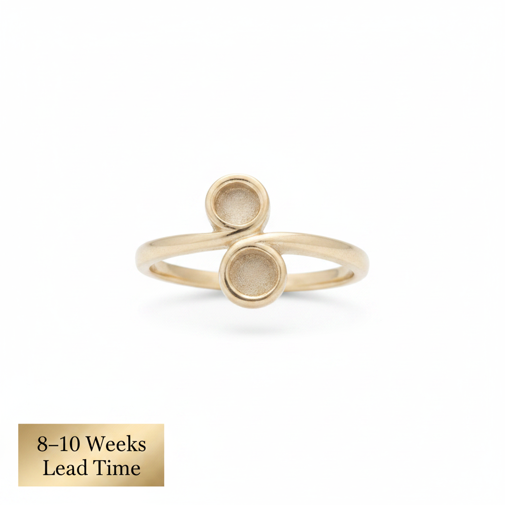 9ct Gold Swirl Duo Bezel Ring — blank bezels, white background, 8-10 weeks lead time sticker