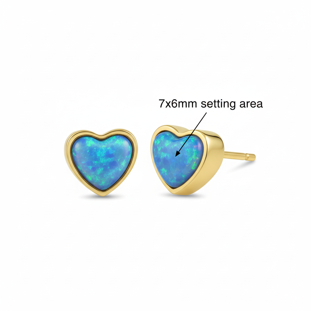 Gold heart stud earrings dimensions guide 7x6mm setting area