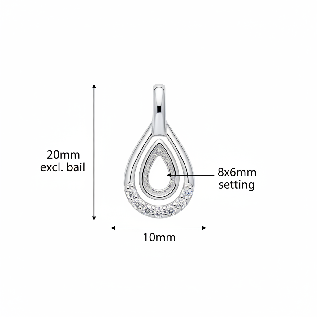 Silver 925 CZ teardrop memorial pendant dimensions — 20x10mm excl. bail, 8x6mm pear setting