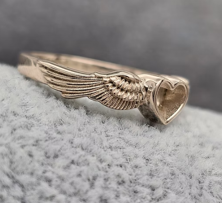 9ct gold heart angel wing ring side profile view showing single wing detail and band profile