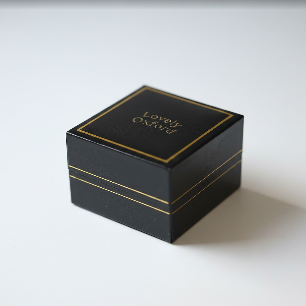 Lovely Oxford branded black gift box with gold border — jewellery gift packaging