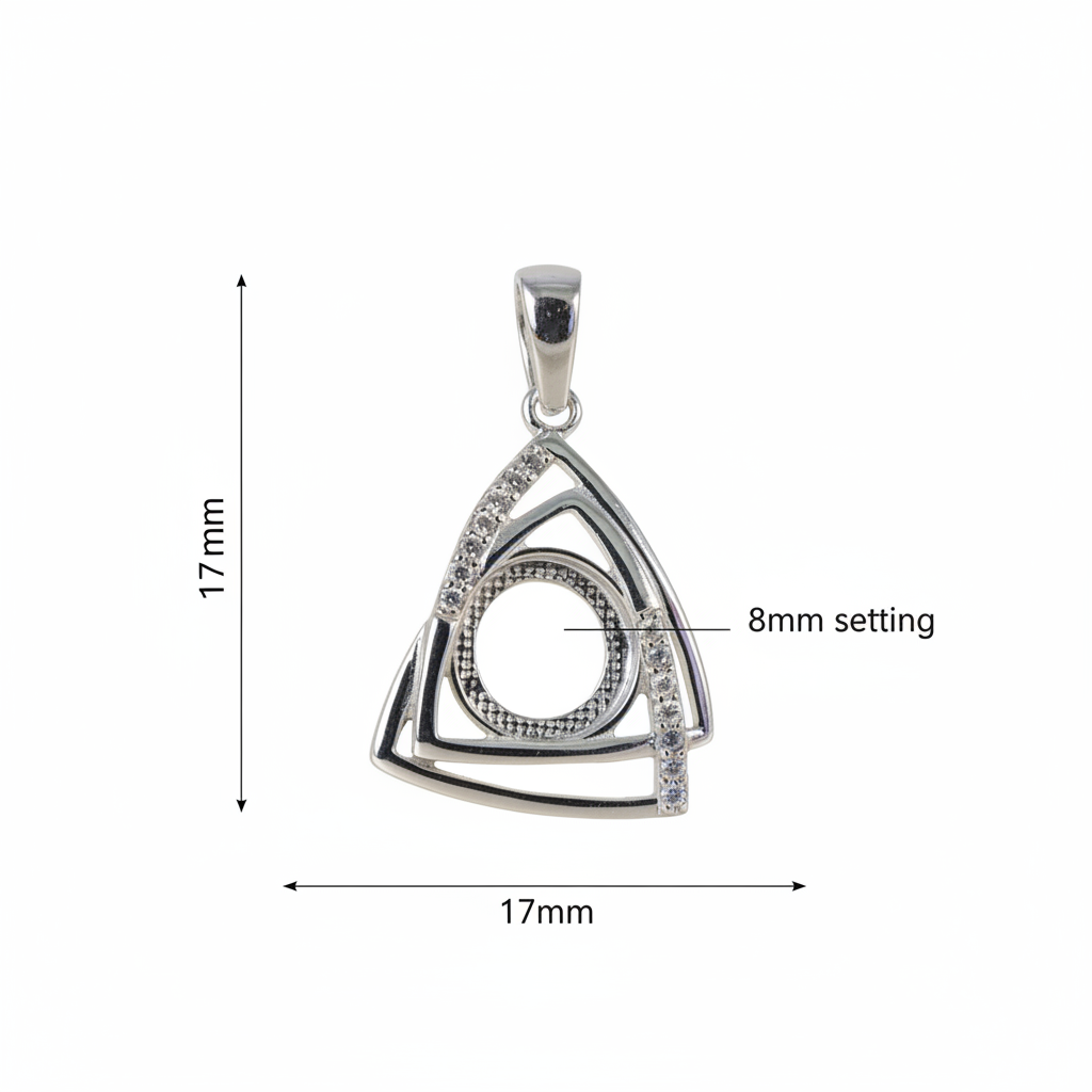 Silver 925 geometric triangle CZ memorial pendant dimensions — 17mm overall, 8mm round centre
