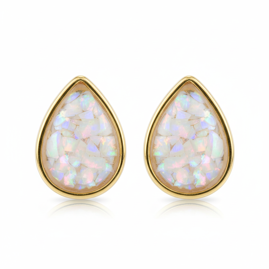 Gold pear shape stud earrings with white opal memorial resin