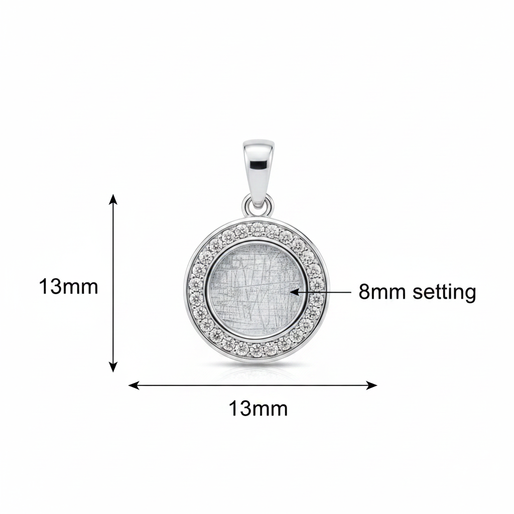 Solid silver 925 round halo CZ memorial pendant dimensions — 13mm overall, 8mm round centre