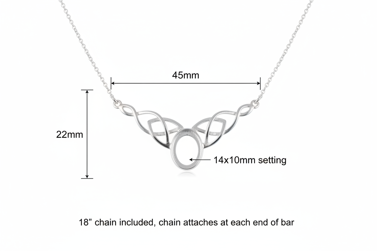 Silver 925 Celtic triquetra bar memorial necklace dimensions — 45x22mm bar, 14x10mm oval centre, 18" chain