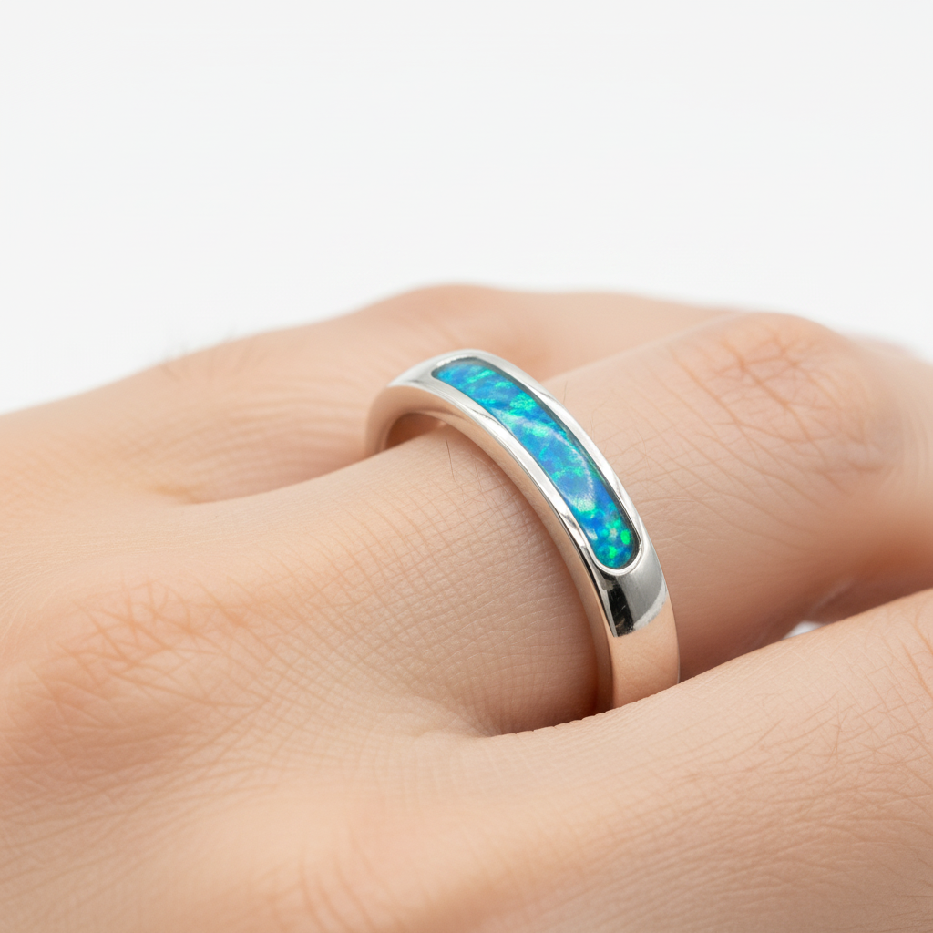 Rounded 4mm Channel Band 925 Silver Ring worn on finger — lifestyle shot, pure white background