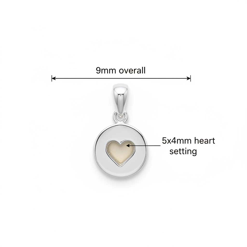 Silver 925 heart disc memorial pendant dimensions — 9mm overall, 5x4mm heart resin setting
