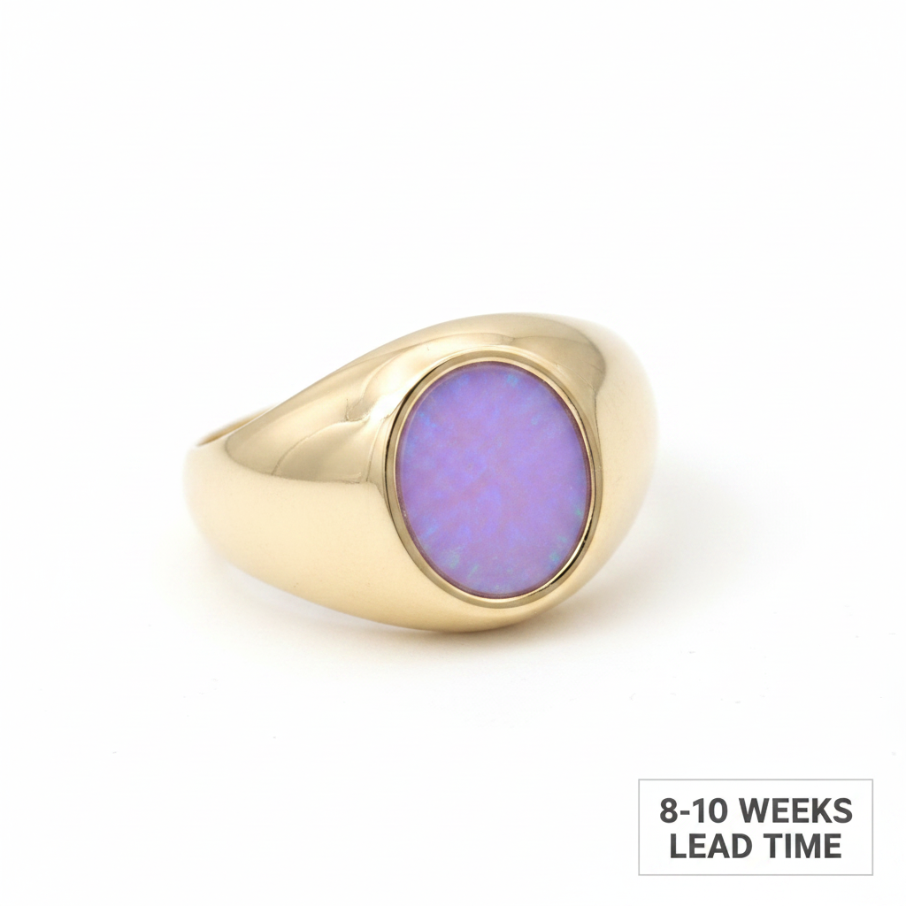 9ct gold men's oval signet ring with lavender purple opal resin in oval bezel, white background, 8-10 weeks lead time