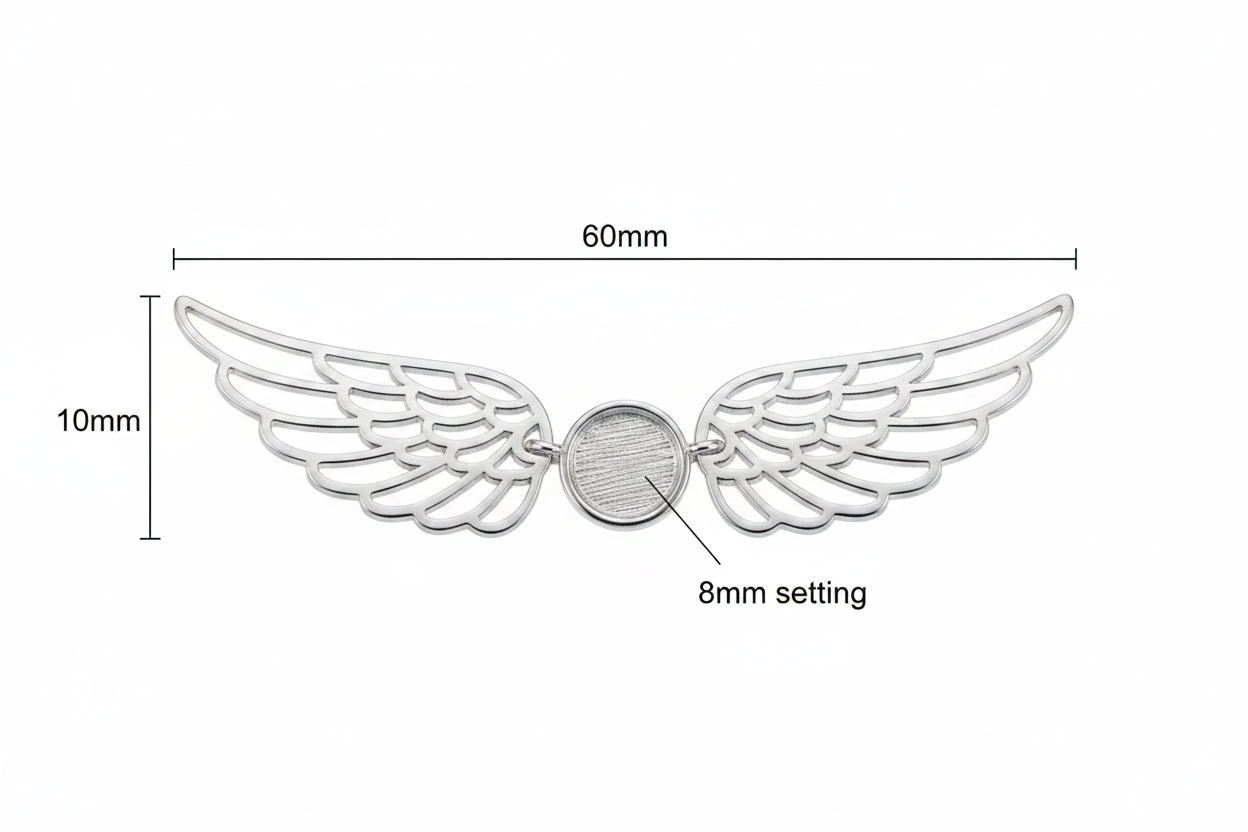 Silver 925 wide angel wing memorial necklace dimensions — 60x10mm overall, 8mm round centre