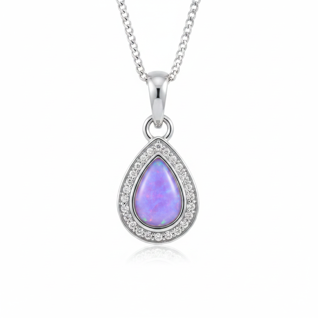 Pear CZ 925 Silver Memorial Pendant with lavender purple opal resin inclusion — white background
