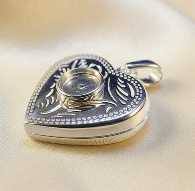Silver 925 Engraved Heart Locket — 6mm Cabochon Setting | Ashes & Hair Memorial Keepsake