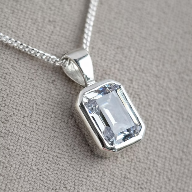 Emerald Cut Secretly Set CZ 925 Silver Pendant | Ashes, Hair & Fur Memorial Keepsake Necklace