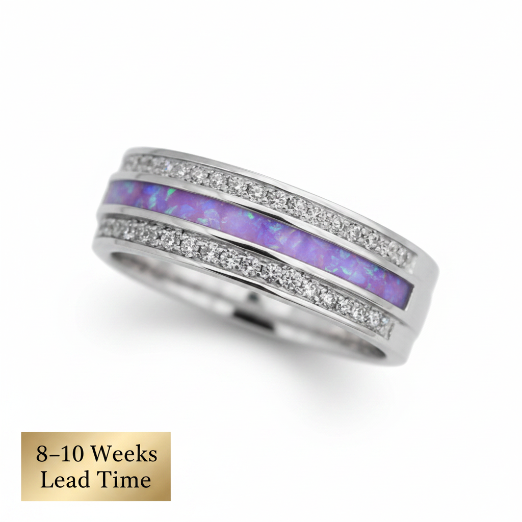 9ct Gold Duo Crystal Half Channel Ring Band — lavender opal resin with 8-10 weeks lead time sticker