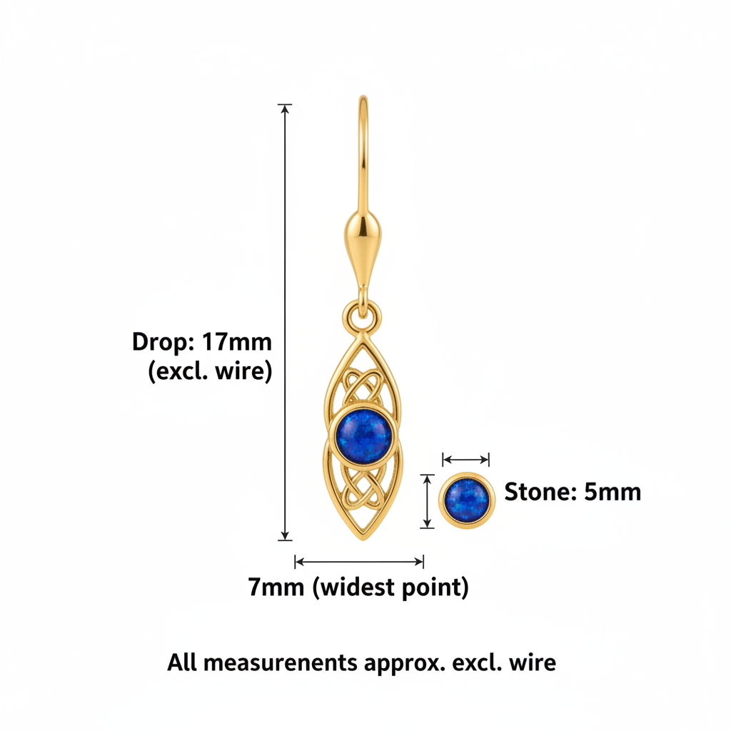9ct gold Celtic knotwork drop earrings size guide – 17x7mm drop excl. wire, 5mm centre stone