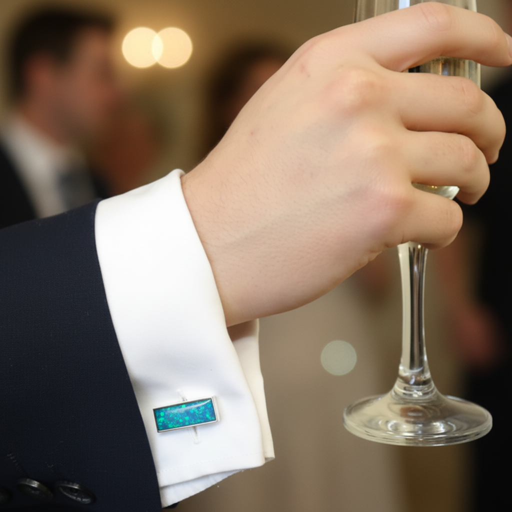 Silver 925 flat rectangular cufflink worn on white dress shirt cuff with navy suit jacket lifestyle shot