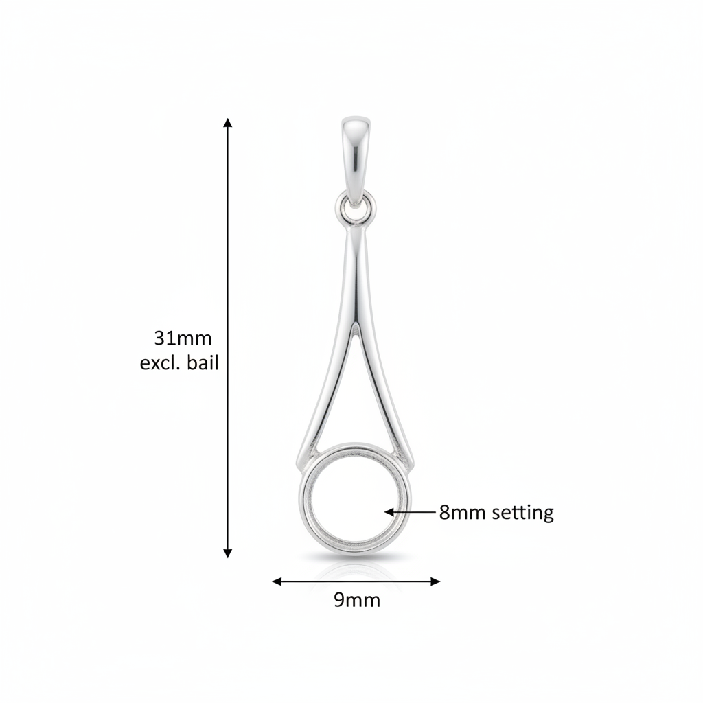 Silver 925 wishbone drop memorial pendant dimensions — 31x9mm excl. bail, 8mm round centre