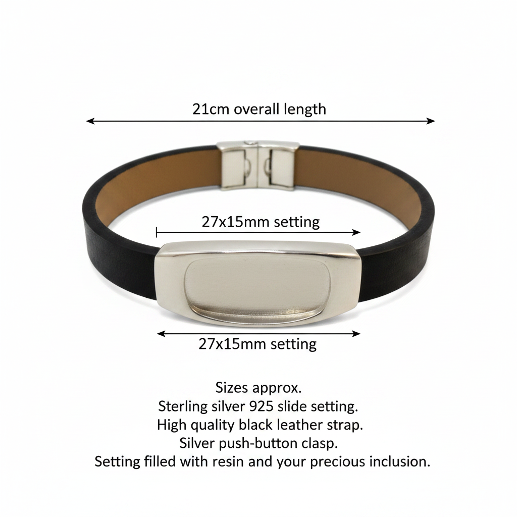 Silver 925 gents leather memorial bracelet dimensions guide — 27x15mm rectangular setting, 21cm overall length, silver push-button clasp