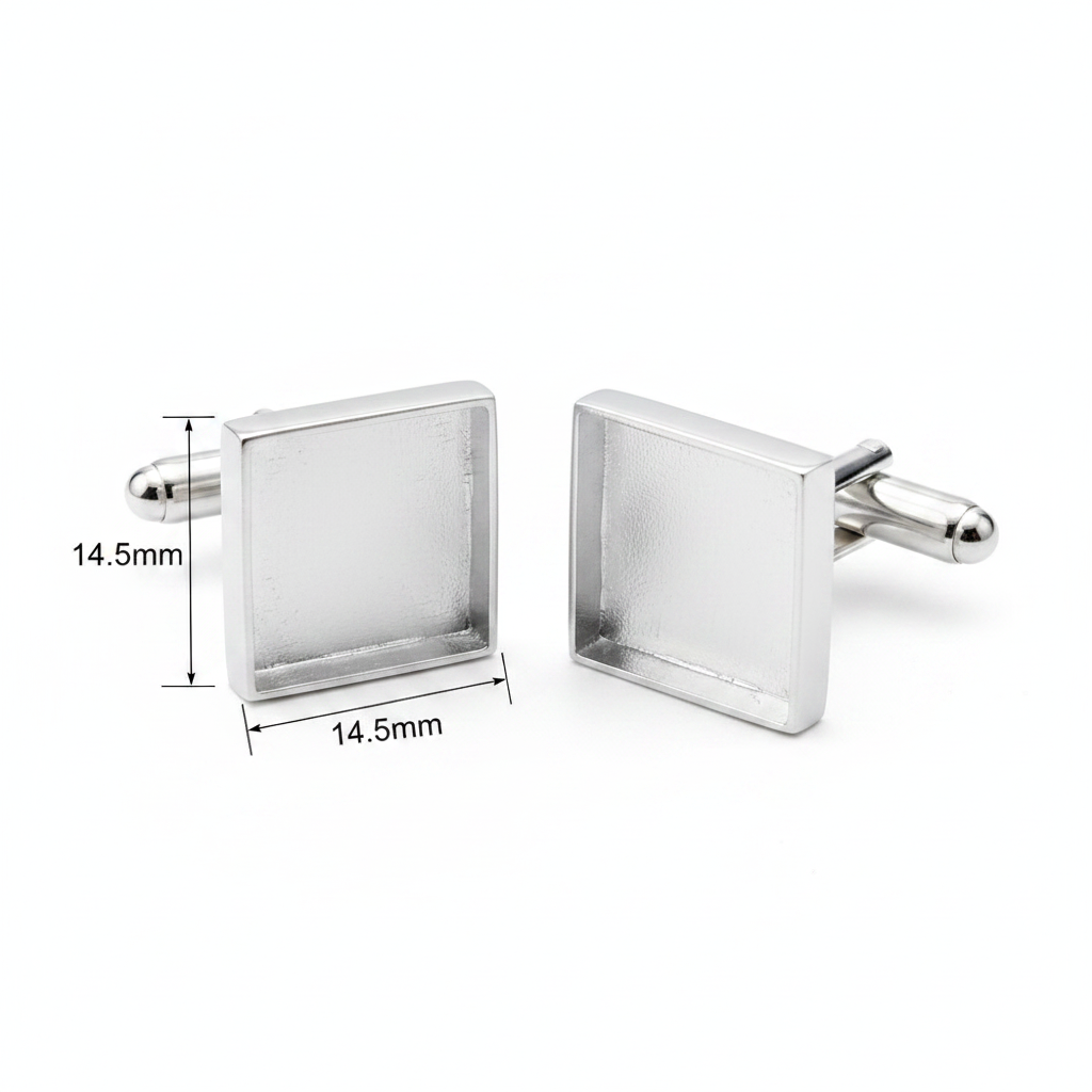Silver 925 square cufflinks dimensions guide showing 14.5mm square stone setting