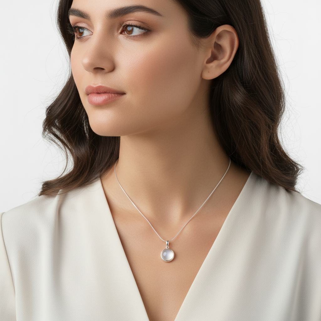 Model wearing plain edge silver round memorial pendant necklace