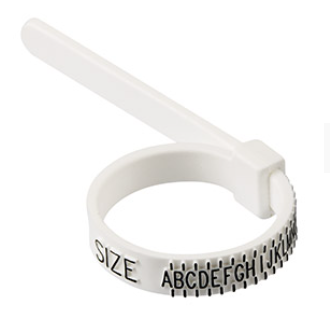 White adjustable ring sizer with UK letter markings