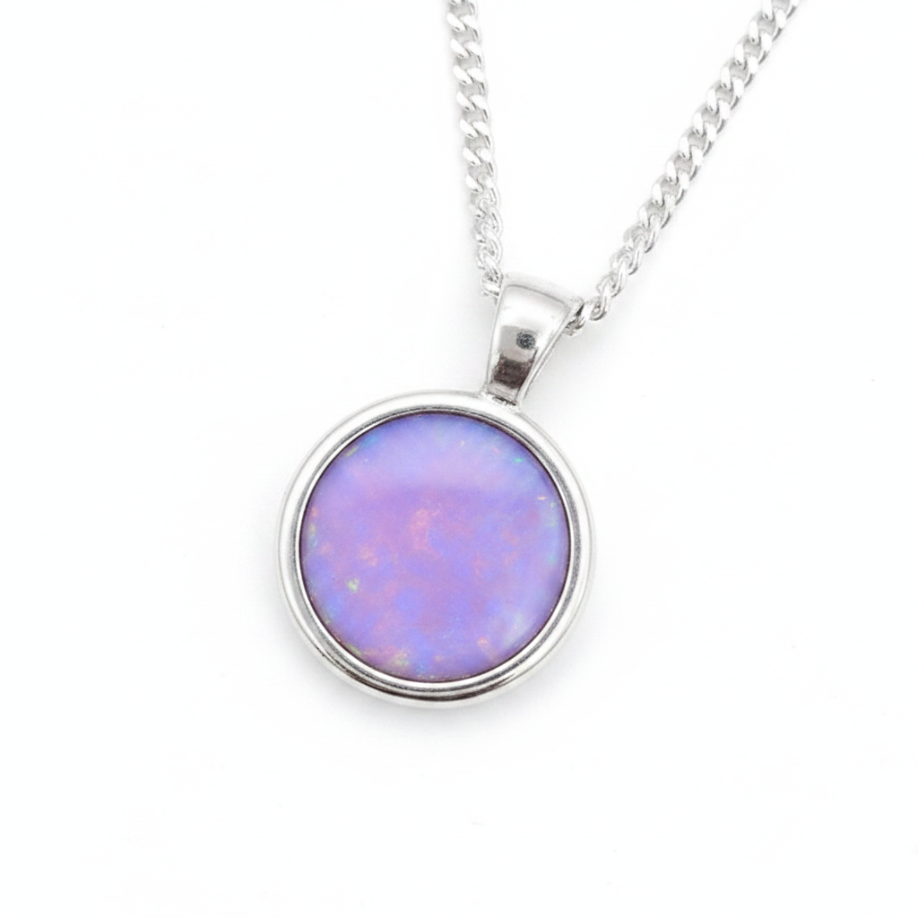 Thick Trim Fixed Bail Round 925 Silver Memorial Pendant with lavender opal resin — white background