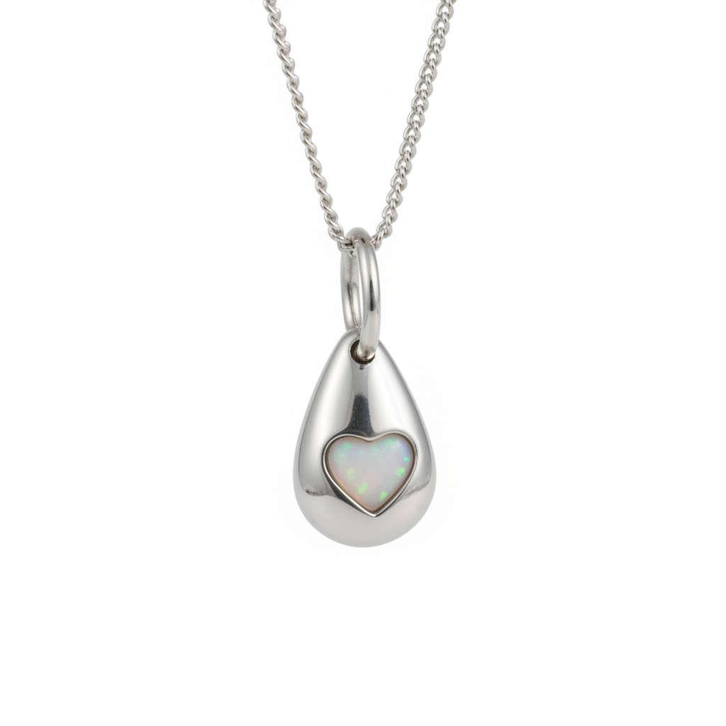 3D Pebble Solid Heart 925 Silver Memorial Pendant with white pearl opal resin in heart bezel — white background